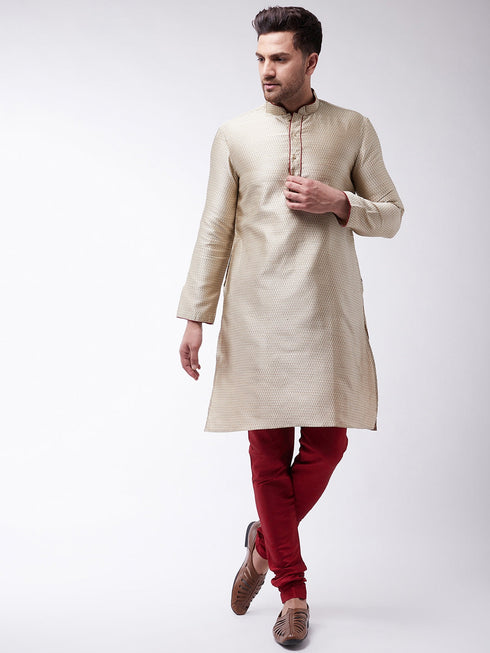 Vastramay Men's Beige And Maroon Silk Blend Kurta Churidar Set